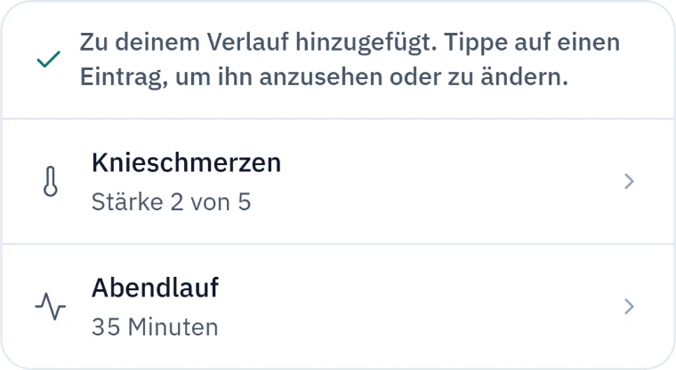 Eine Karte im Gespräch bestätigt das gerade Erfasste: Knieschmerzen mit Stärke 2 von 5 und ein 35-minütiger Abendlauf.