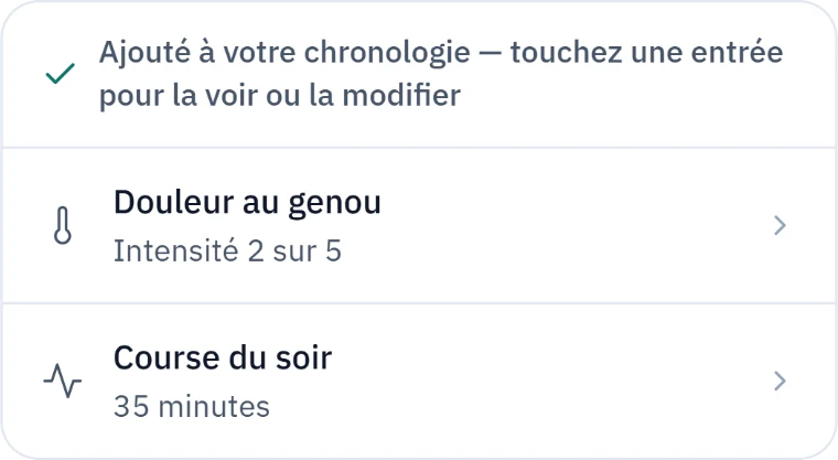 Une carte dans la conversation confirme ce qui vient d’être enregistré : une douleur au genou de sévérité 2 sur 5, et une course de 35 minutes en soirée.