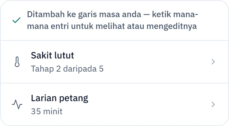 Kad dalam perbualan mengesahkan apa yang baru dicatat: sakit lutut tahap 2 daripada 5, dan larian petang selama 35 minit.